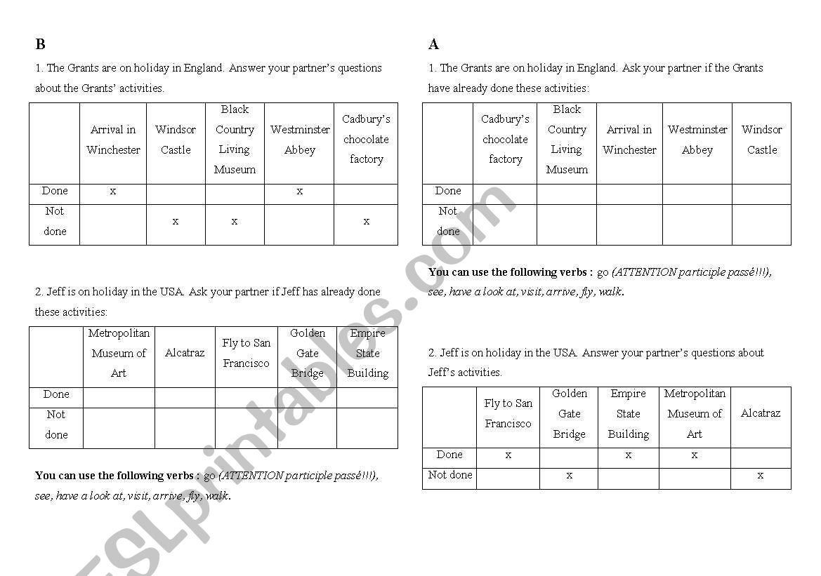 pairwork already/not yet worksheet