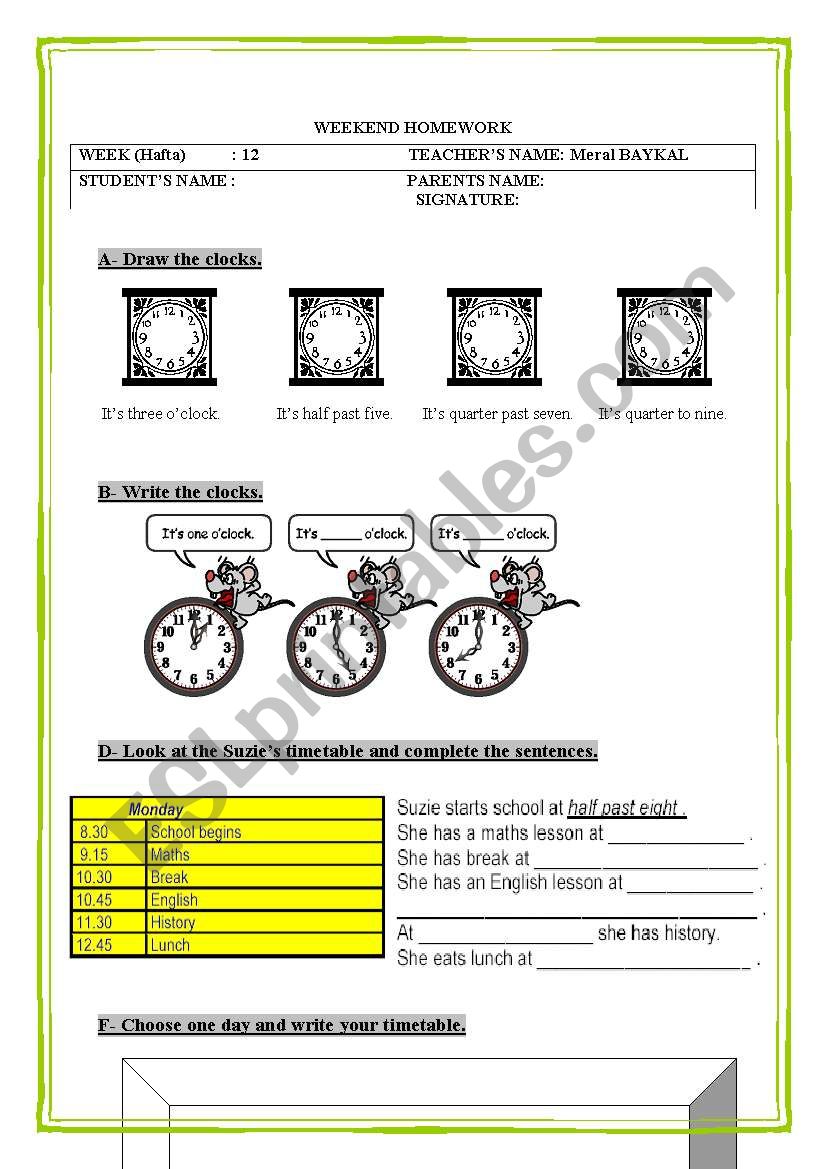 telling the time worksheet