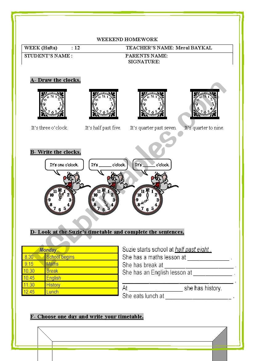 telling the time worksheet