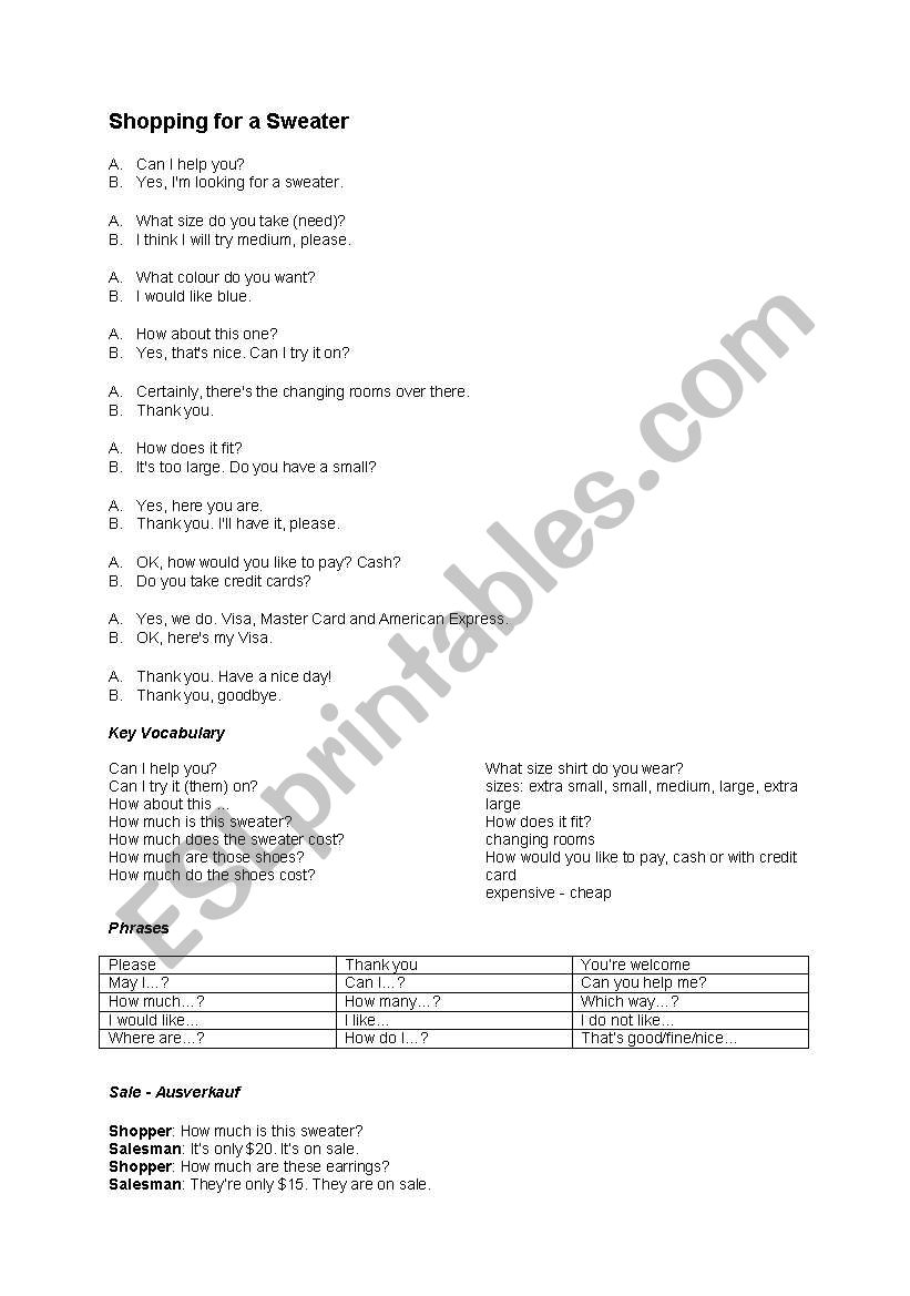 shopping worksheet