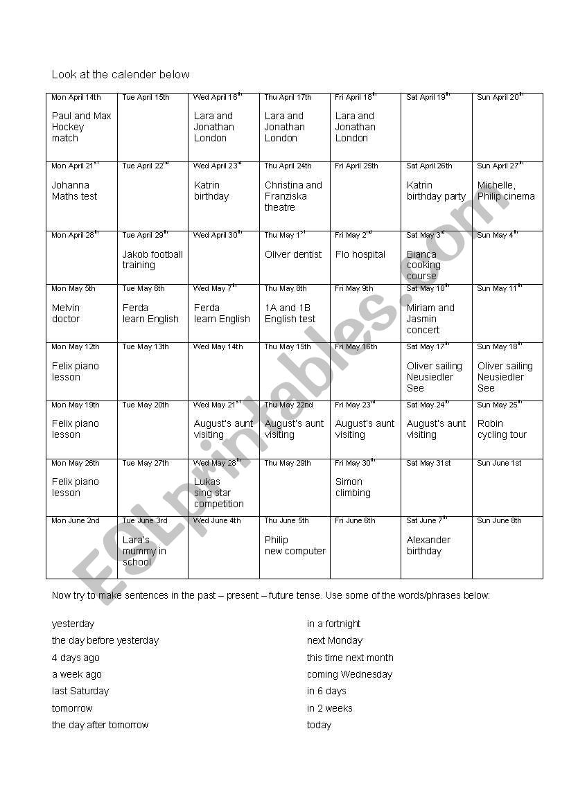 calender tenses worksheet