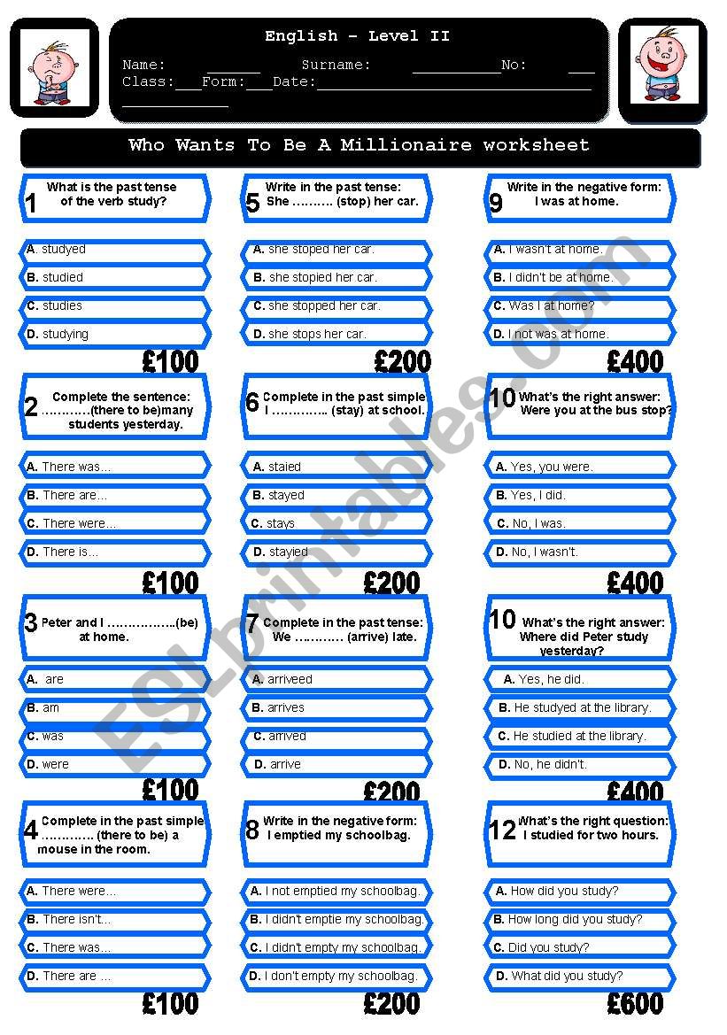 The Who wants to be a millionaire worksheet