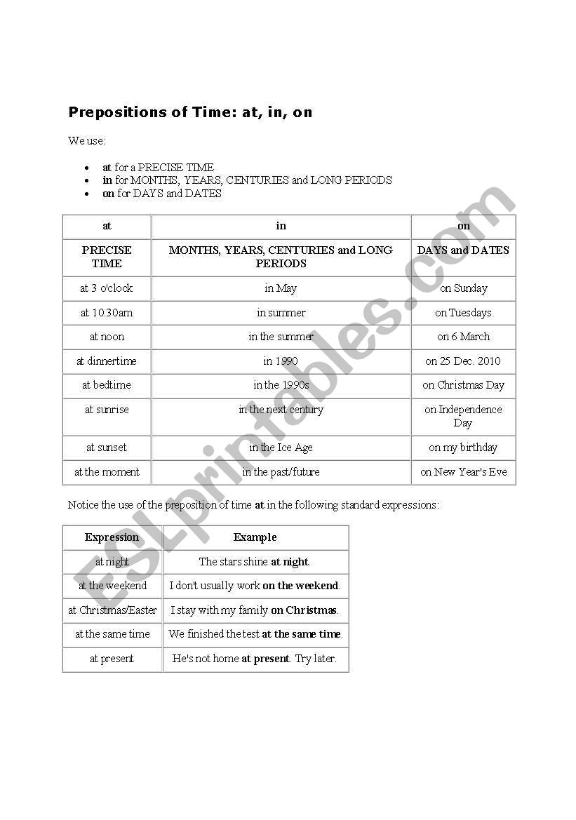 Prepositions of Time worksheet