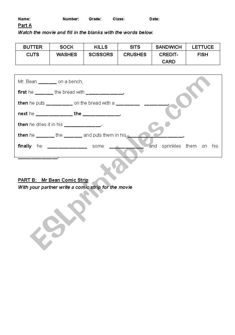 Mr Bean Makes a sandwich worksheet