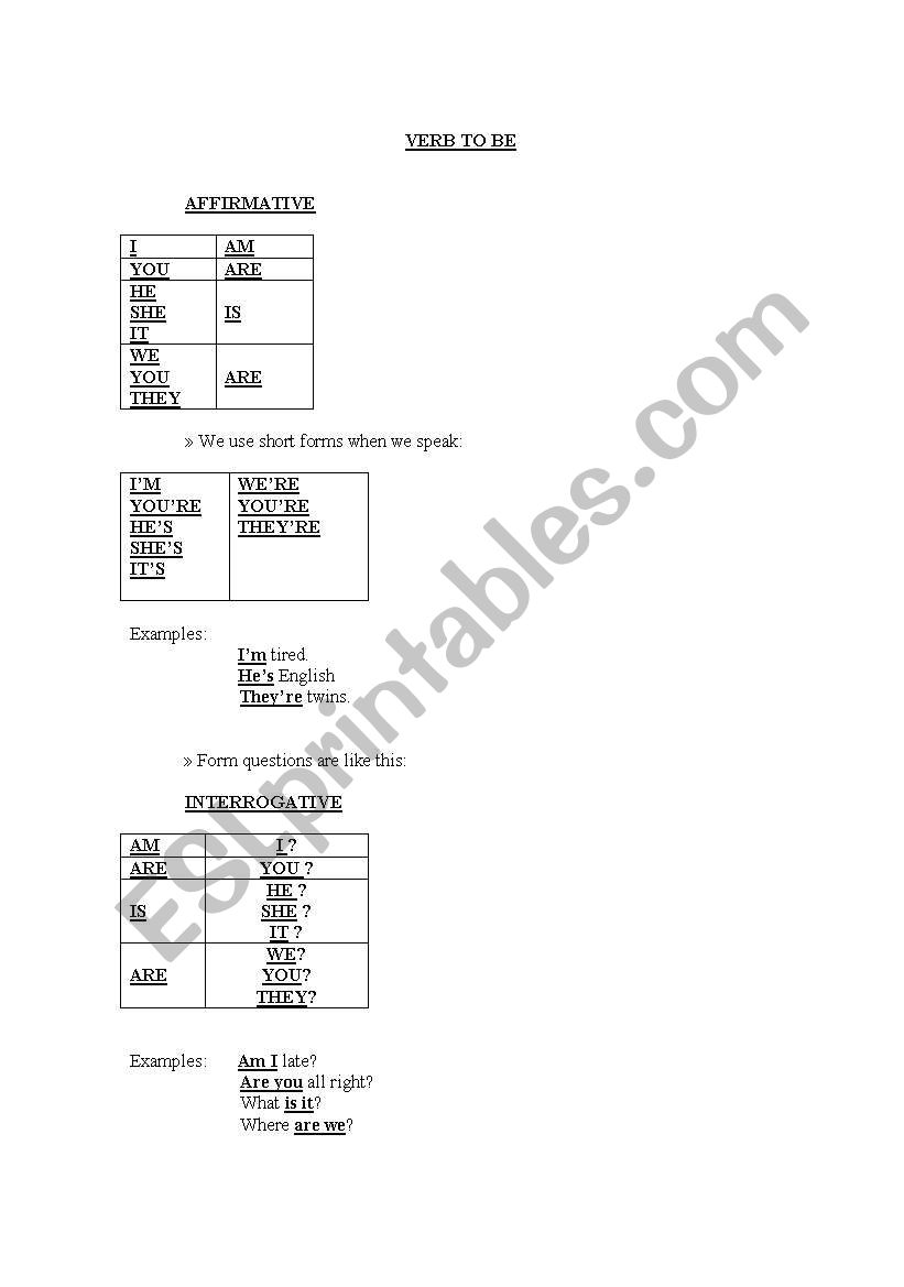 Verb to be worksheet