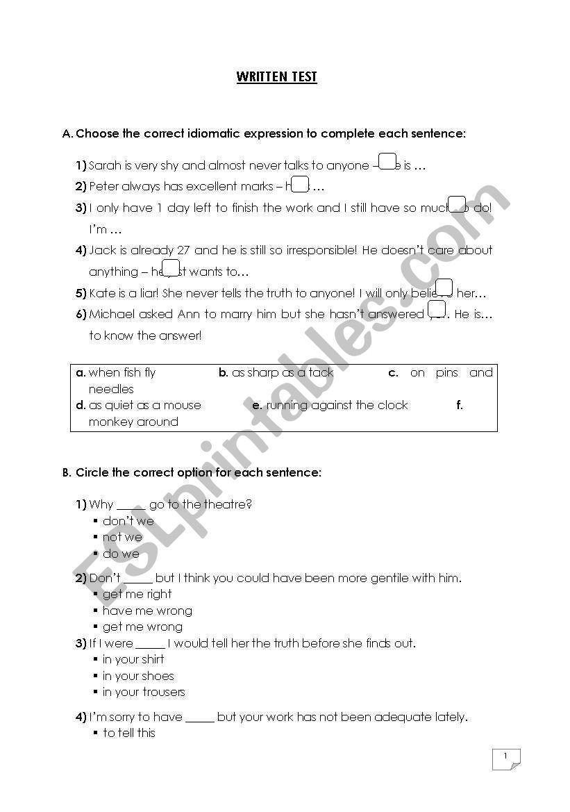 Test - idiomatic expressions and modal verbs