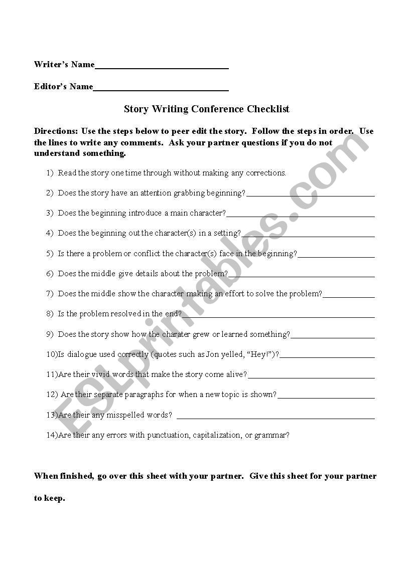 Story Editing worksheet