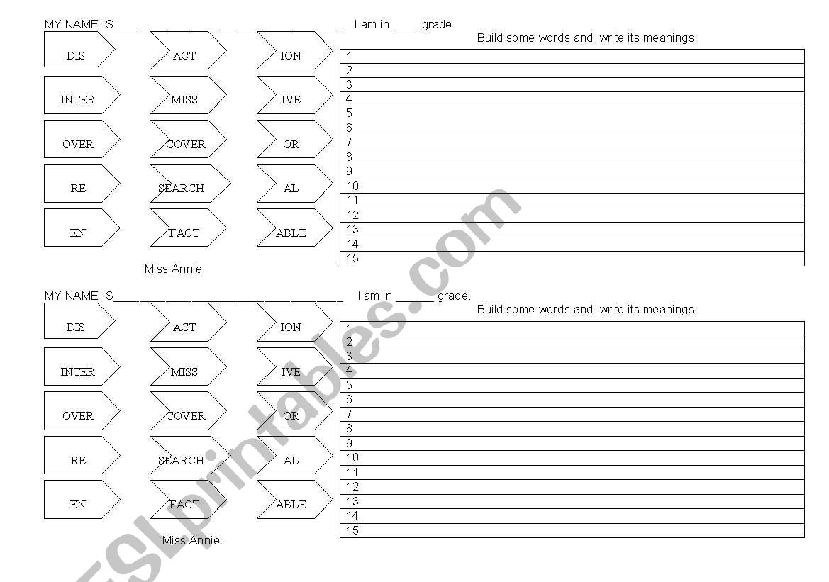 Building words using  Prefix + Base/Root Words+ Suffix