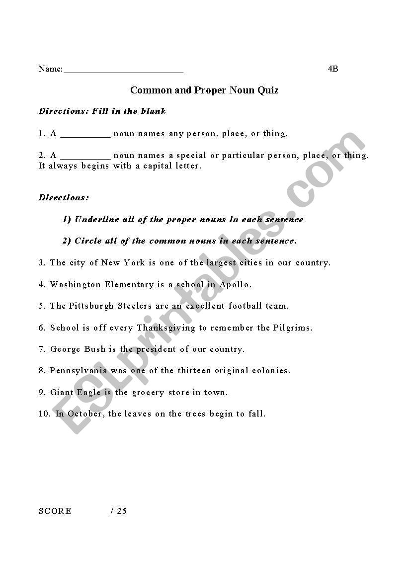 Noun Quiz worksheet