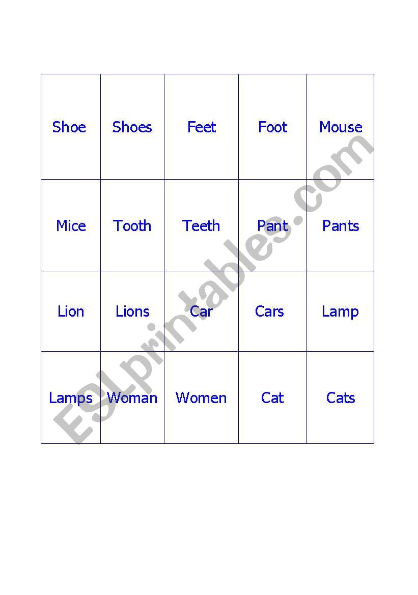 PLURAL NOUNS GAME worksheet