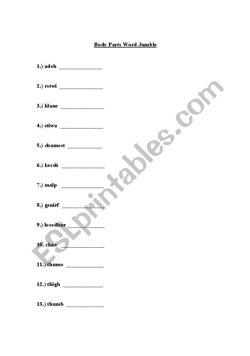 Body Parts Word Jumble worksheet