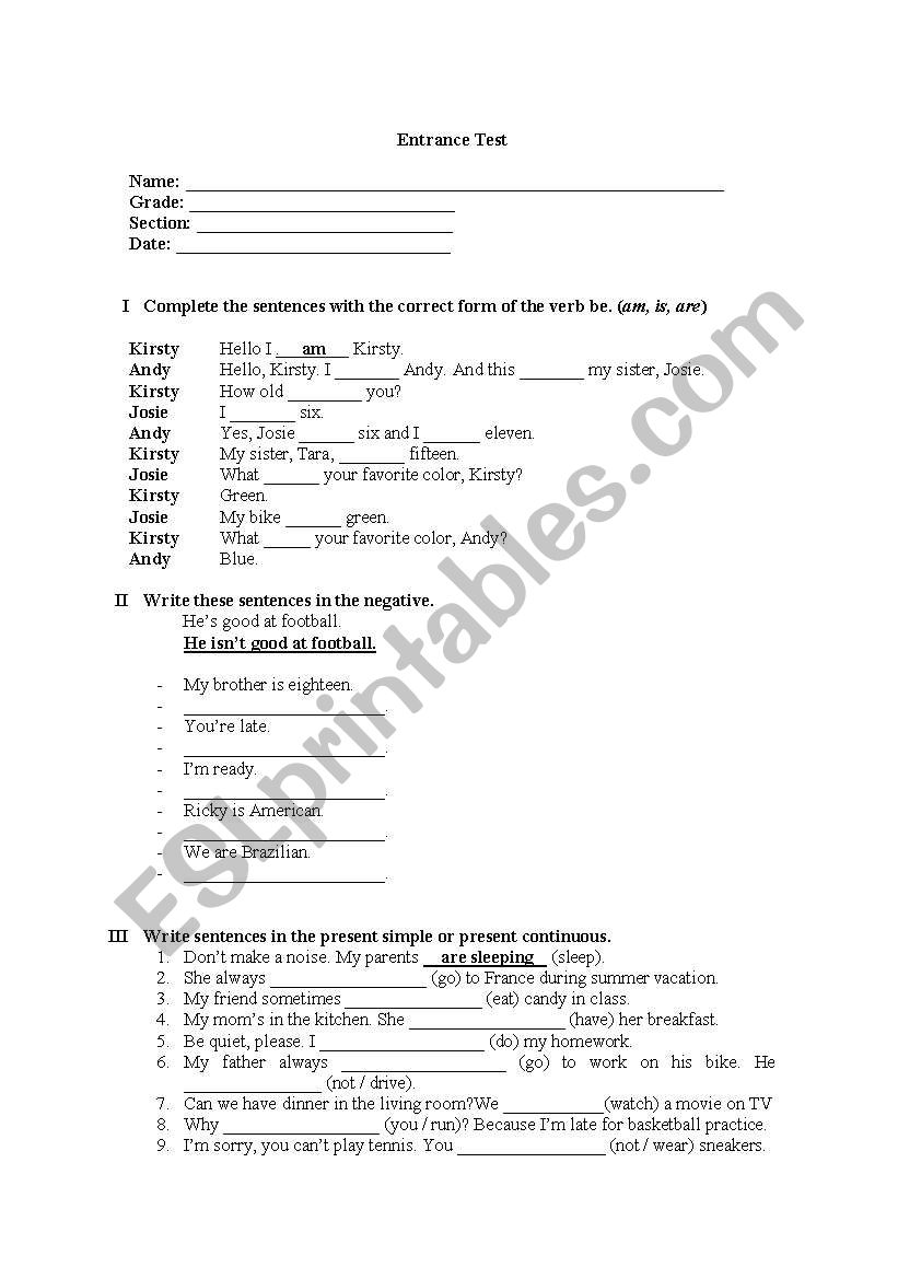 Entrance Test worksheet