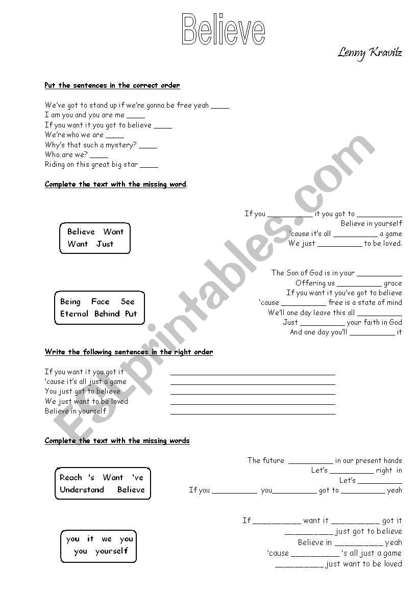 Lenny Believe worksheet