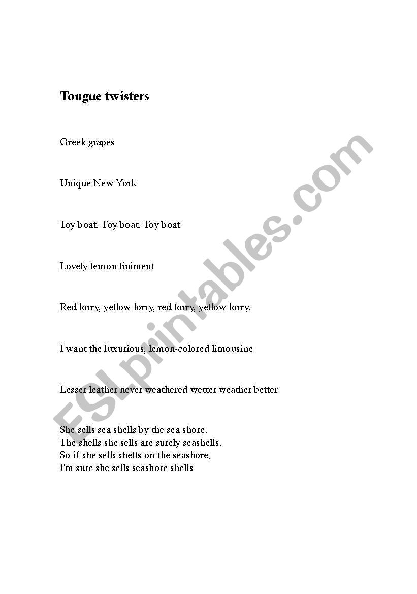 Tounge Twisters worksheet