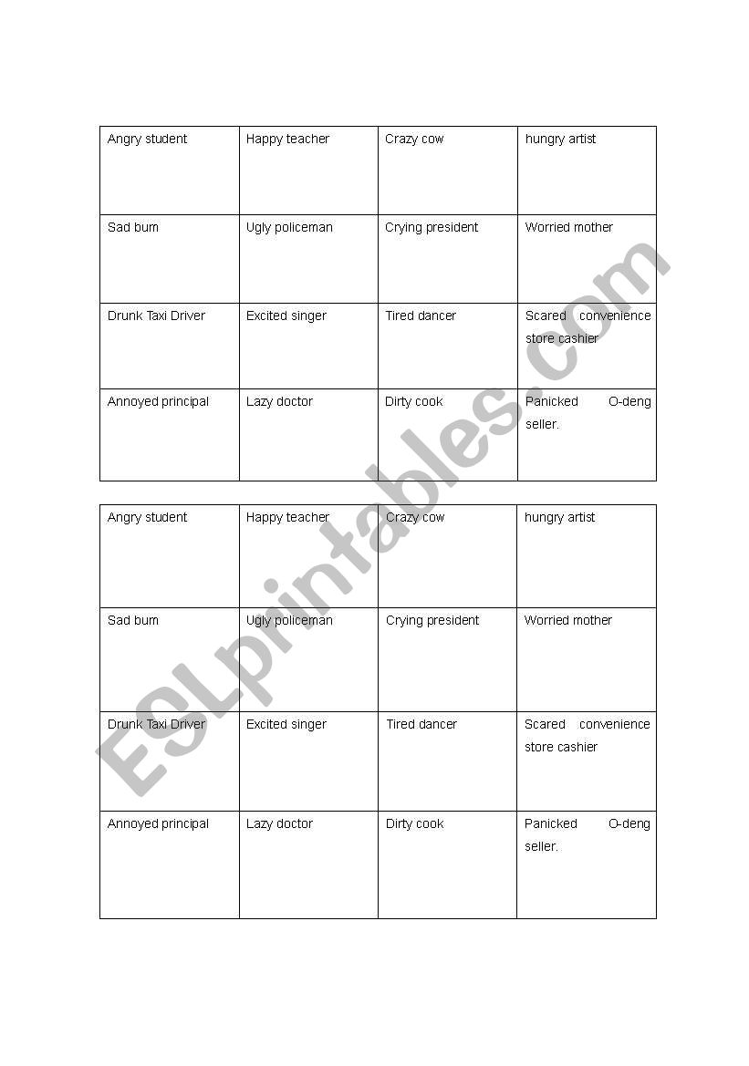 Oral Charades Game template worksheet