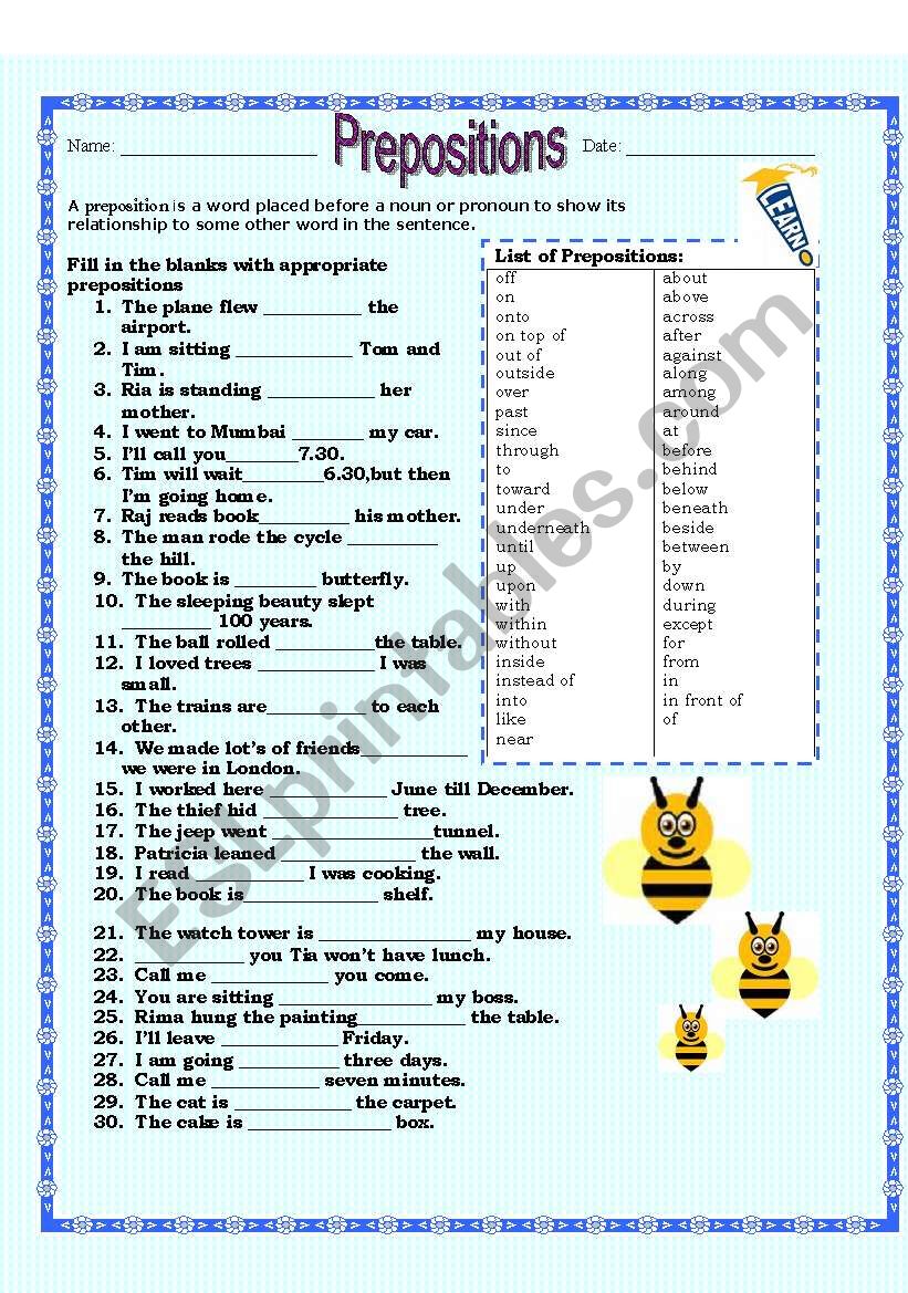 Prepostions worksheet