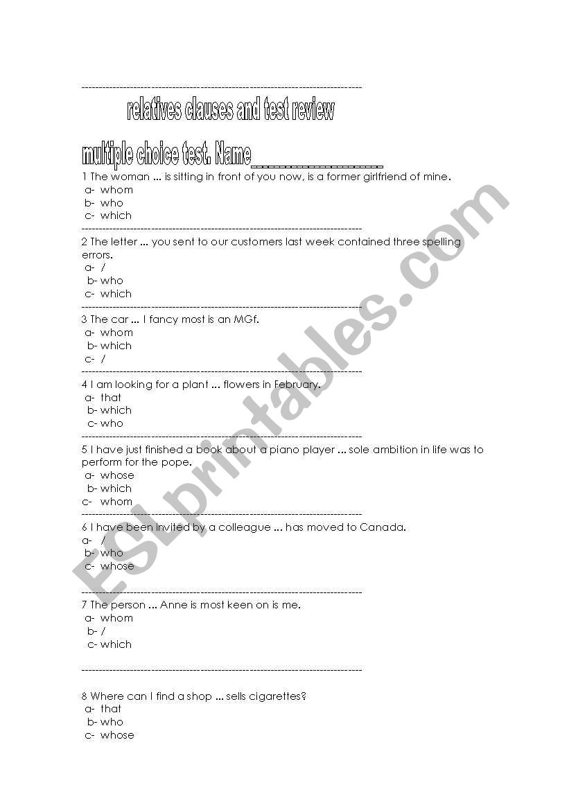 relative clauses test and test review