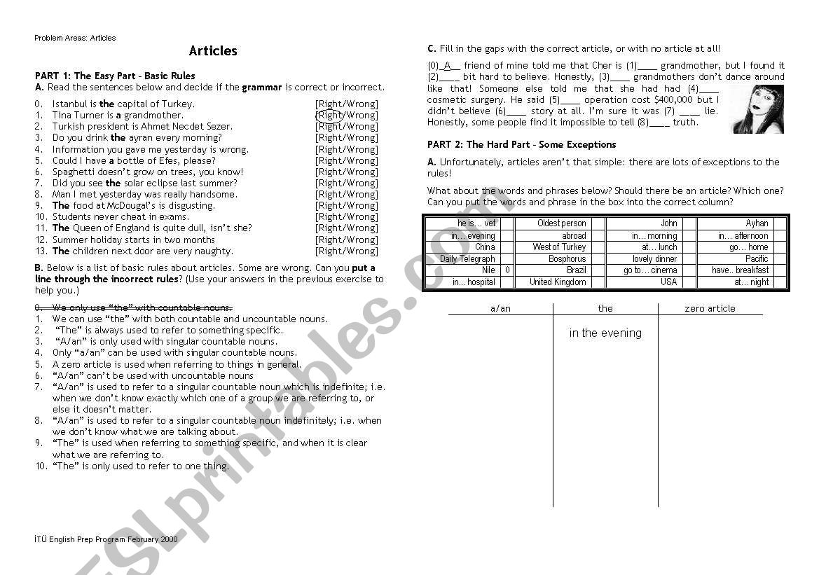 articles worksheet