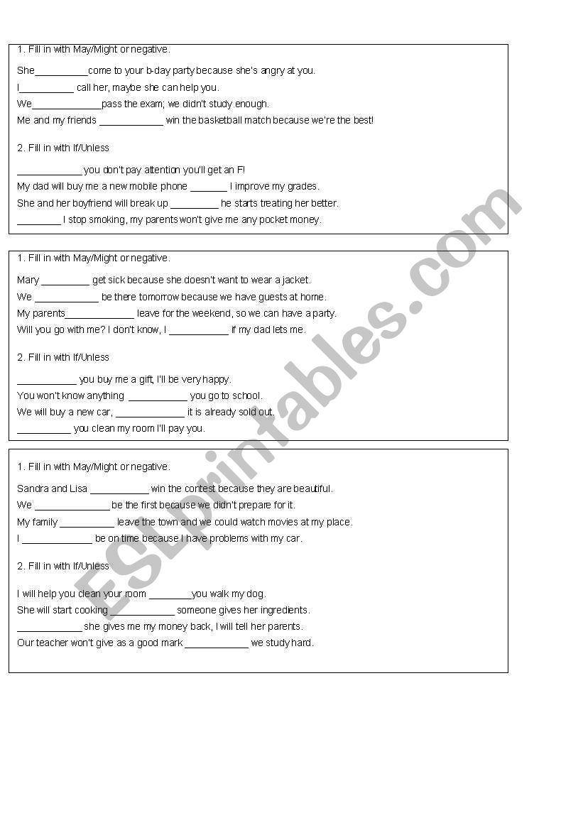 grammar: if/unless, may/might worksheet