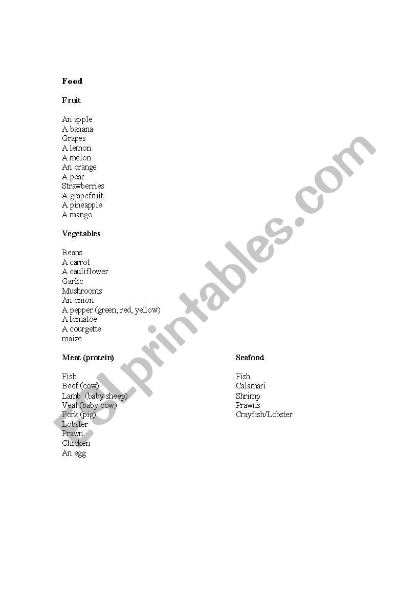Food Vocabulary linked to countable and uncountable nouns.