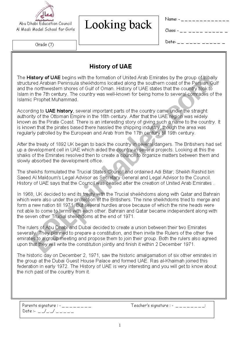 Looking back-History of UAE worksheet