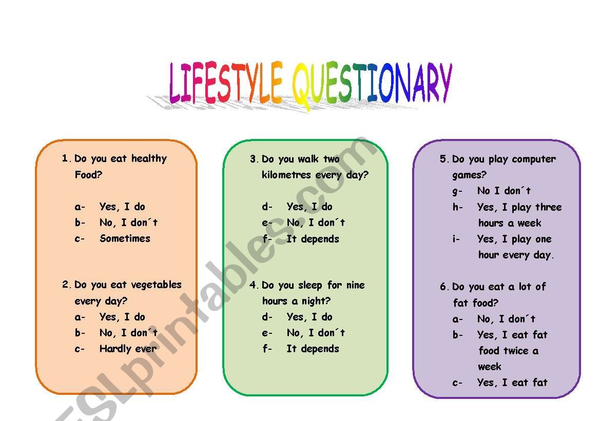Livestyle questionary worksheet