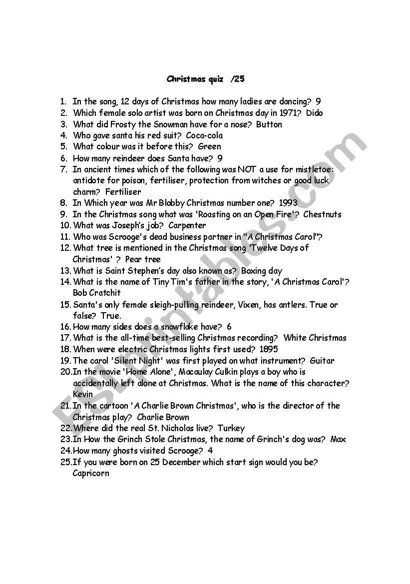 CHRISTMAS QUIZ QUESTIONS worksheet