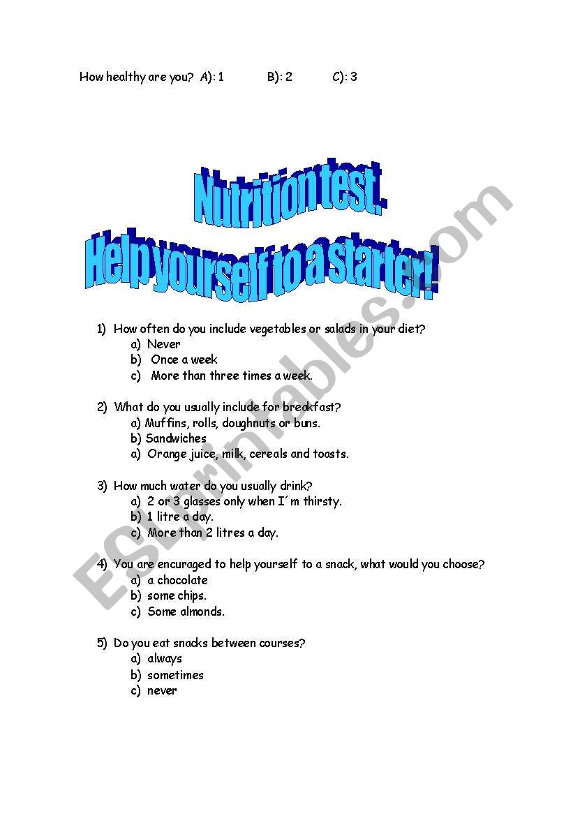 Nutrition Test worksheet
