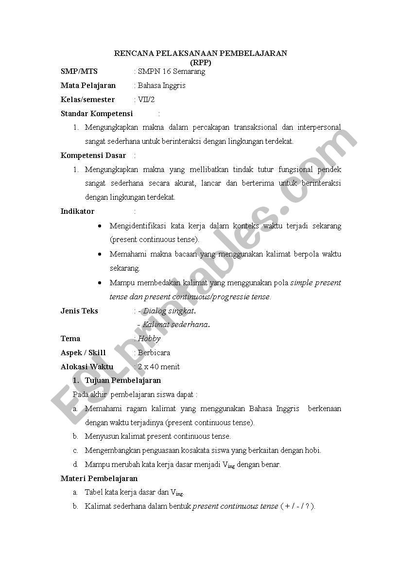 LESSON PLAN OF PRESENT CONTINUOUS TENSE COMPLETED WITH THE WORKSHEET