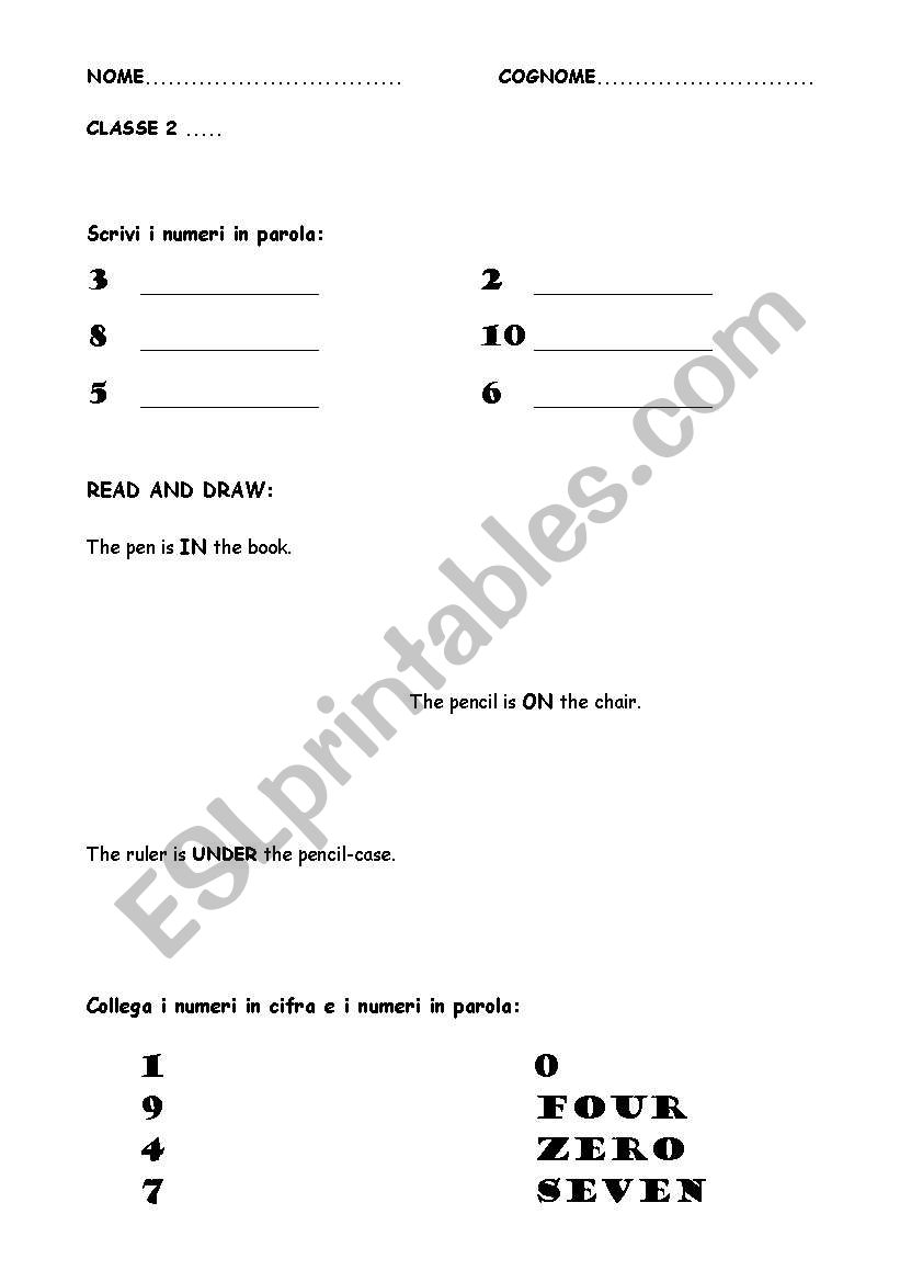 in on under & numbers worksheet