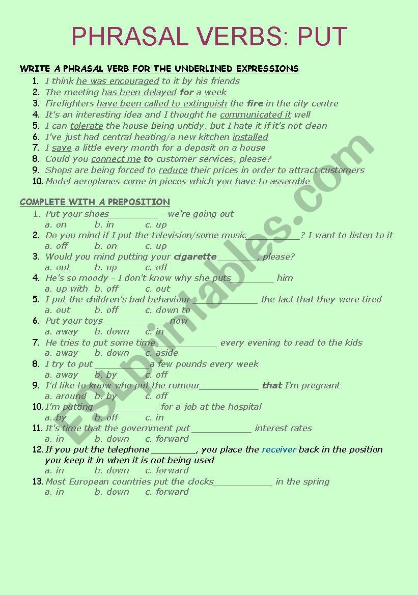 phrasal verbs PUT worksheet