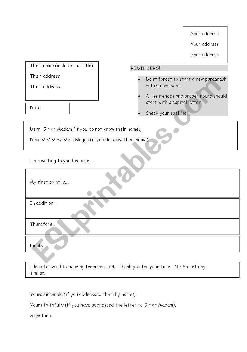 How to write a formal letter worksheet