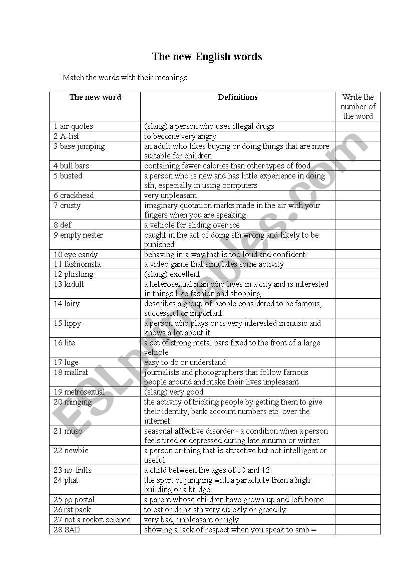 The new English words worksheet