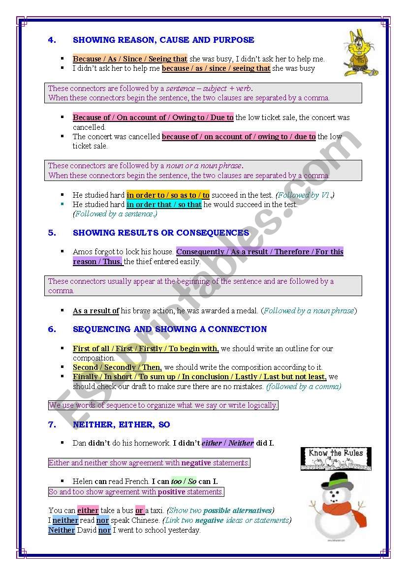 Sentence Connectors Rules And Exercises Esl Worksheet By Pirchy