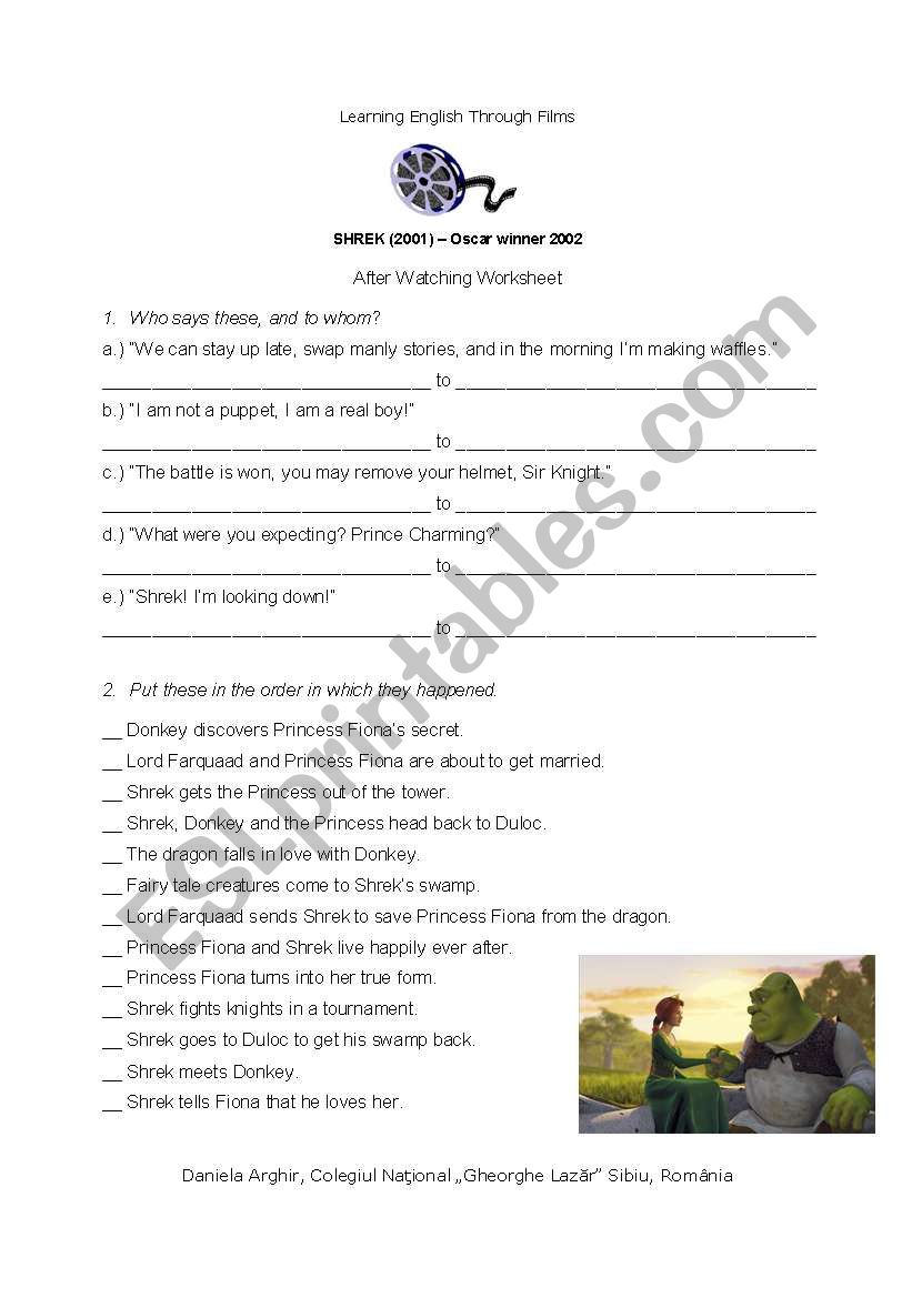 Shrek 1 - Post-viewing tasks worksheet