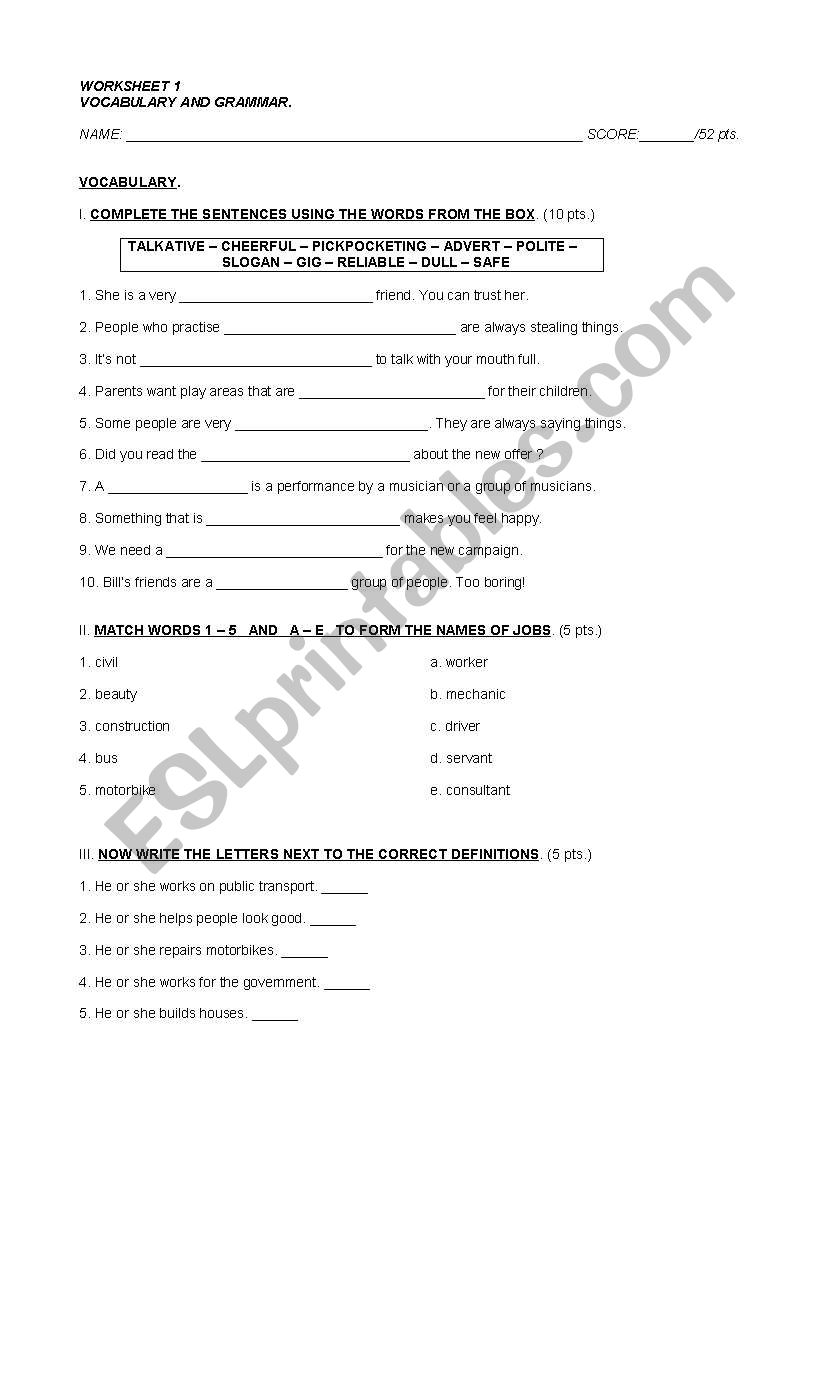 Worksheet 1 - vocabulary and grammar