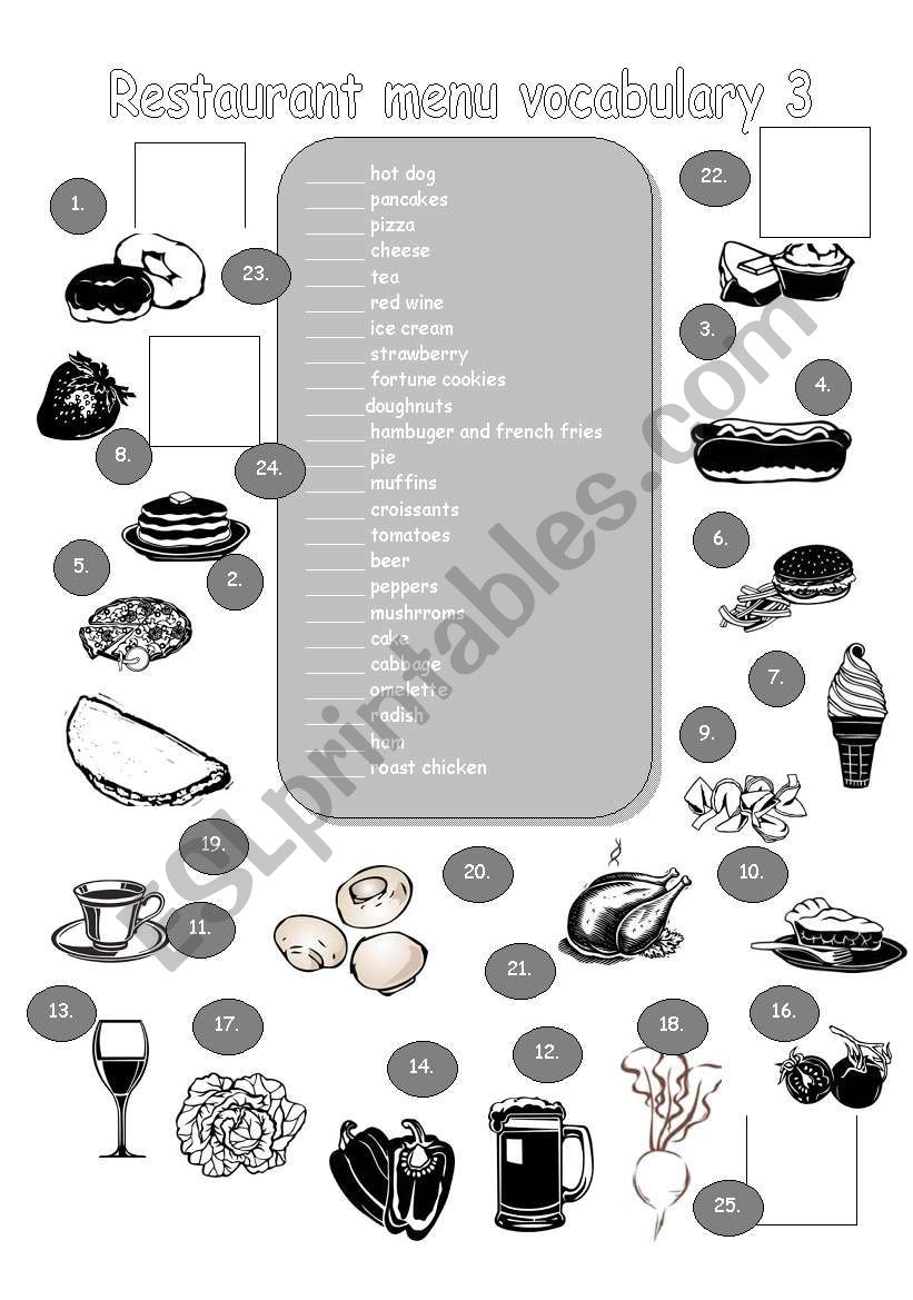 restaurant menu vocabulary 3 worksheet