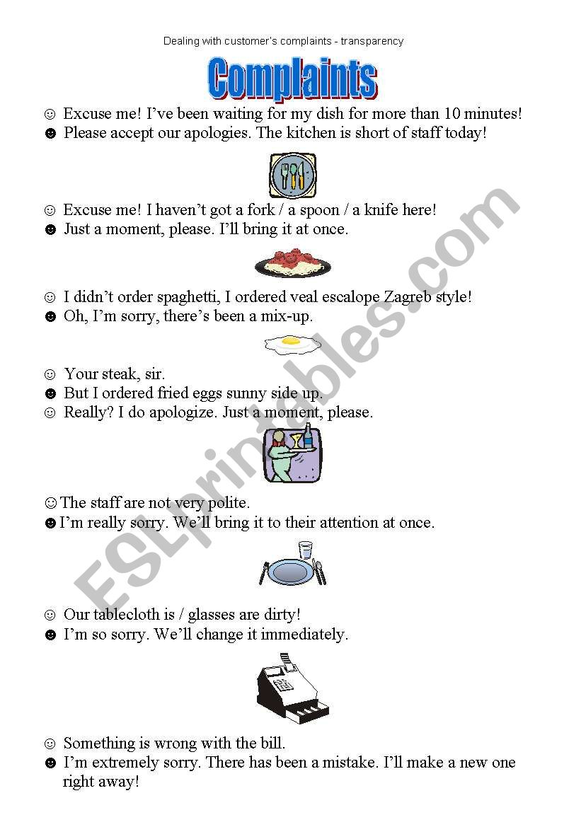 COMPLAINTS in a restaurant worksheet