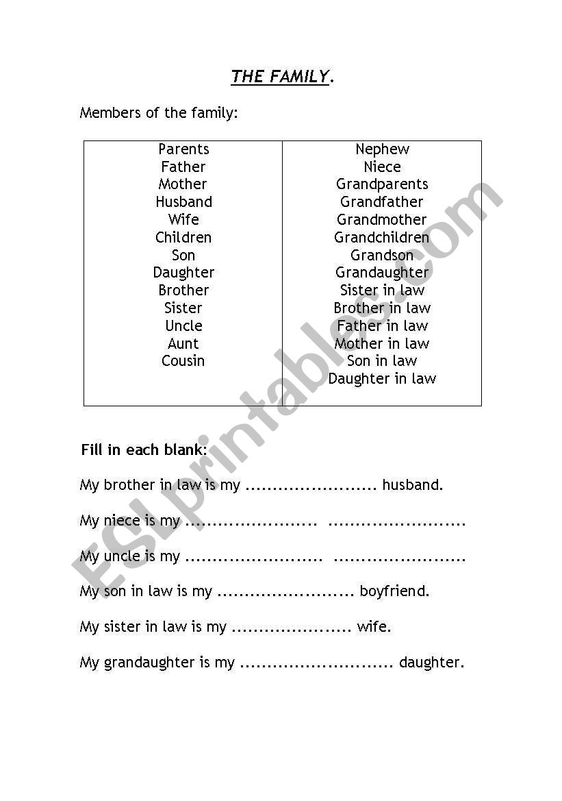 Family members worksheet