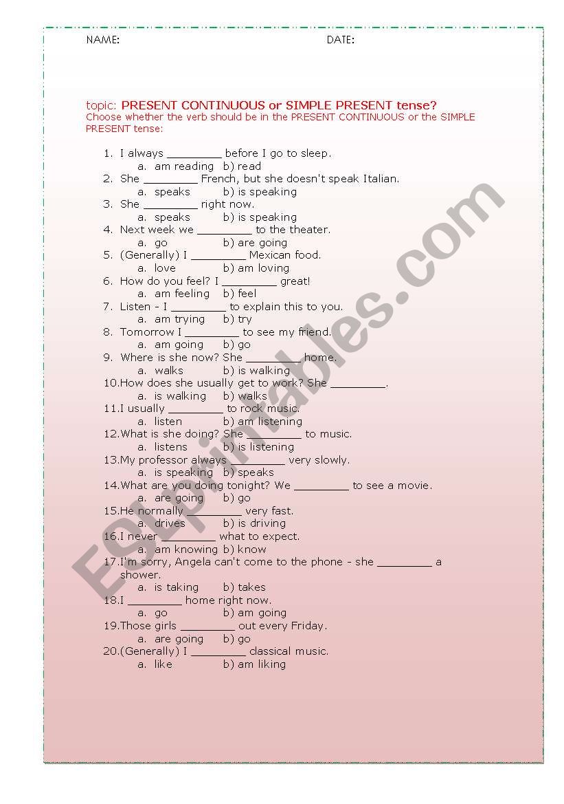 PRESENT SIMPLE OR CONTINUES worksheet