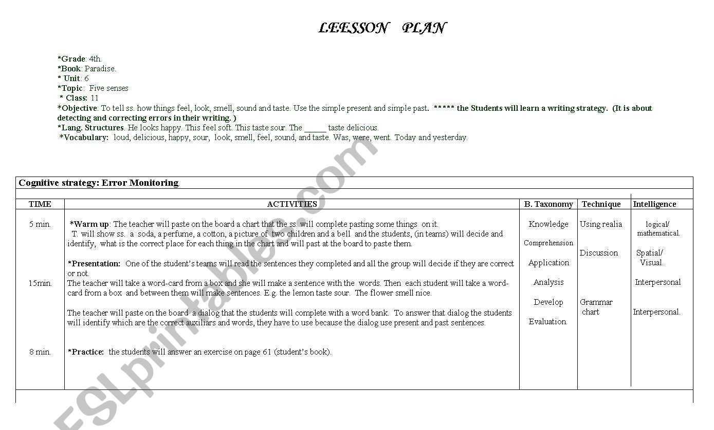 five senses lesson plan worksheet