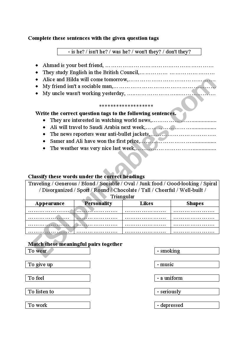 question tags + vocabulary work