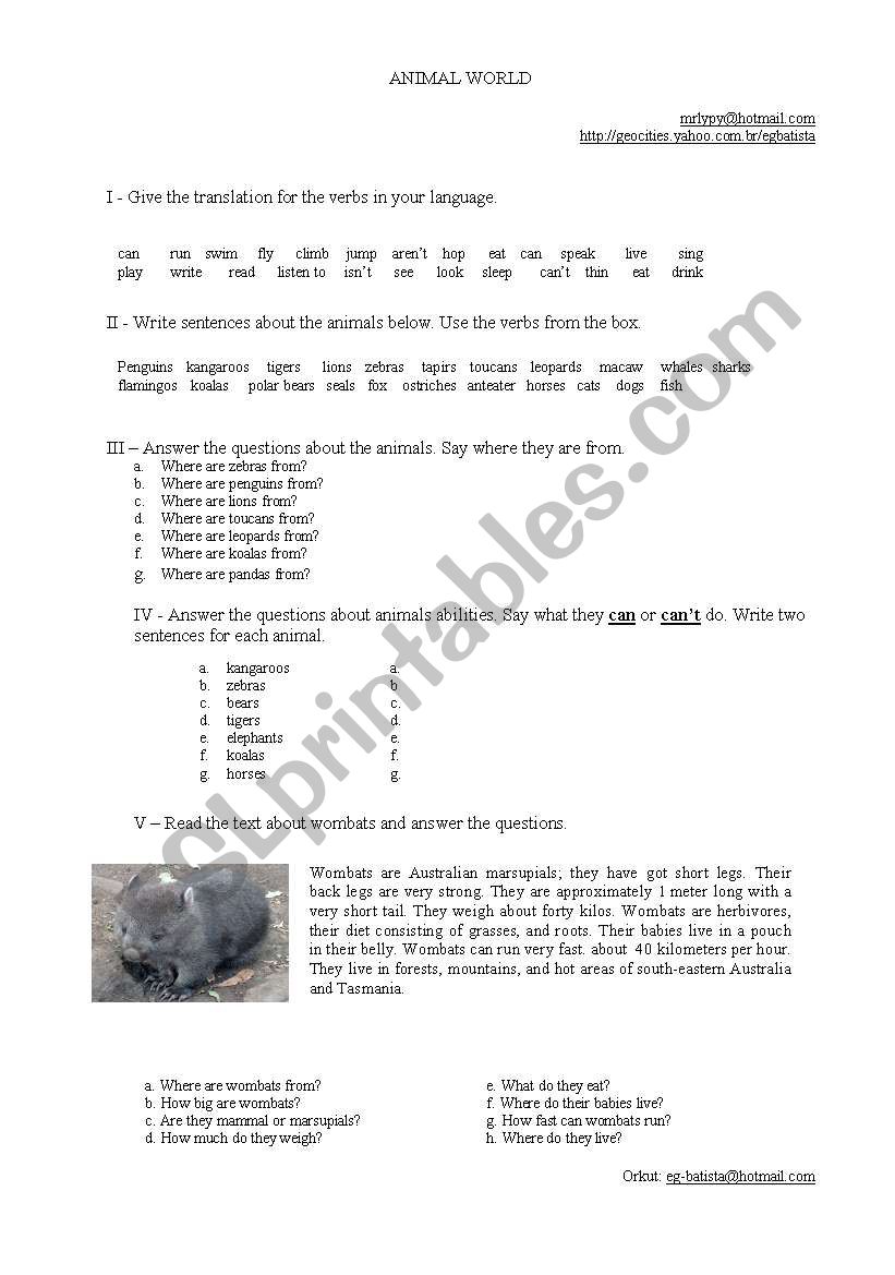 Wombats and Penguins worksheet