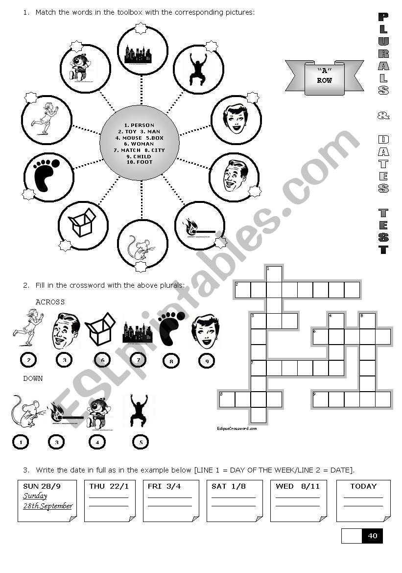 PLURALS & DATES TEST worksheet