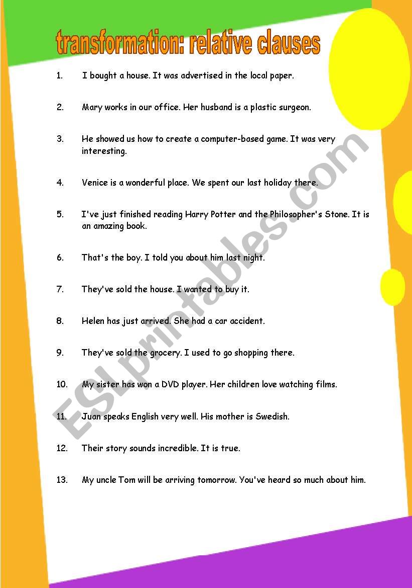 Transformation relative clauses GRAMMAR WORKSHEET 9 