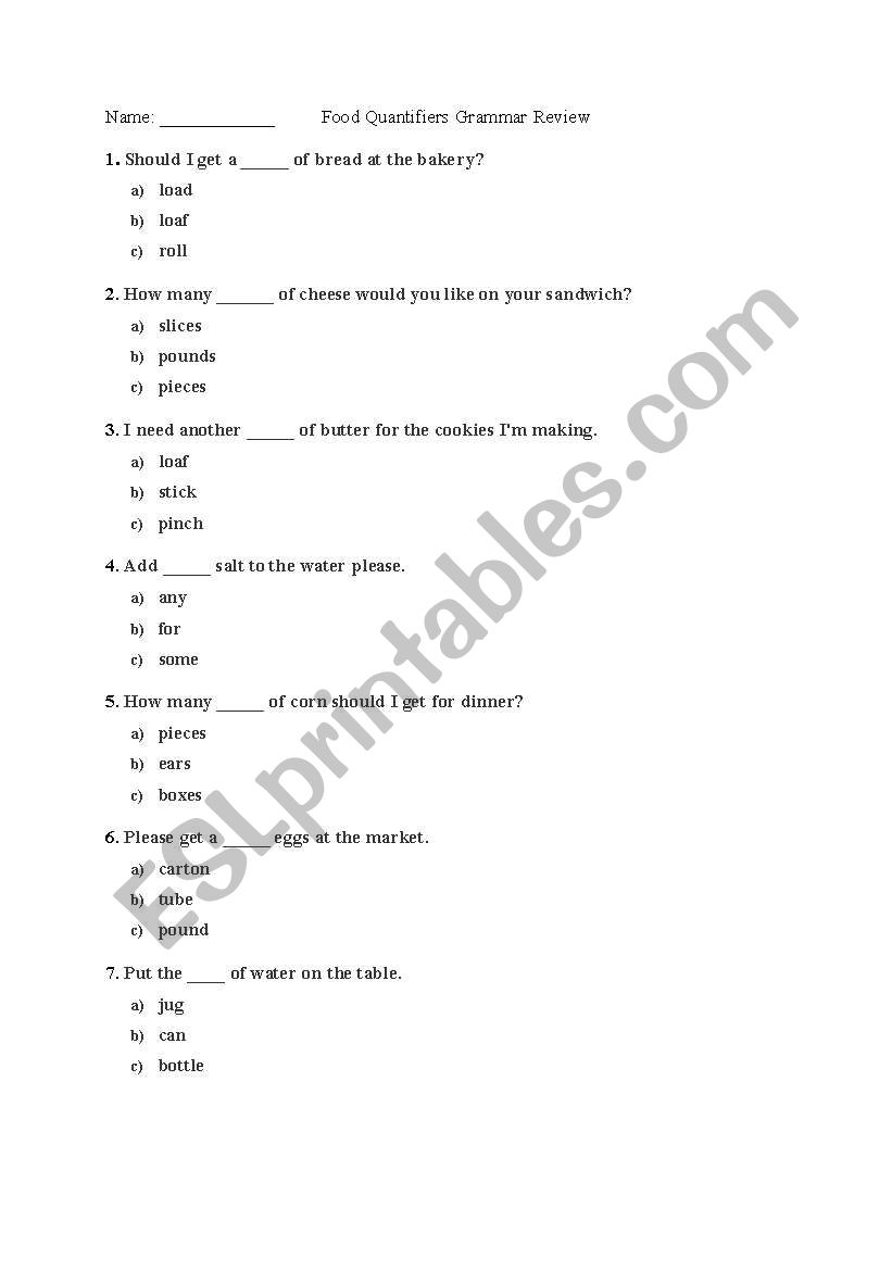 Food Quantifiers worksheet