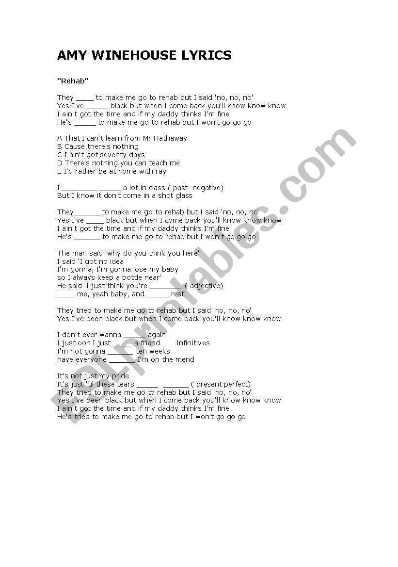 Rehab ,song by Amy Winehouse worksheet