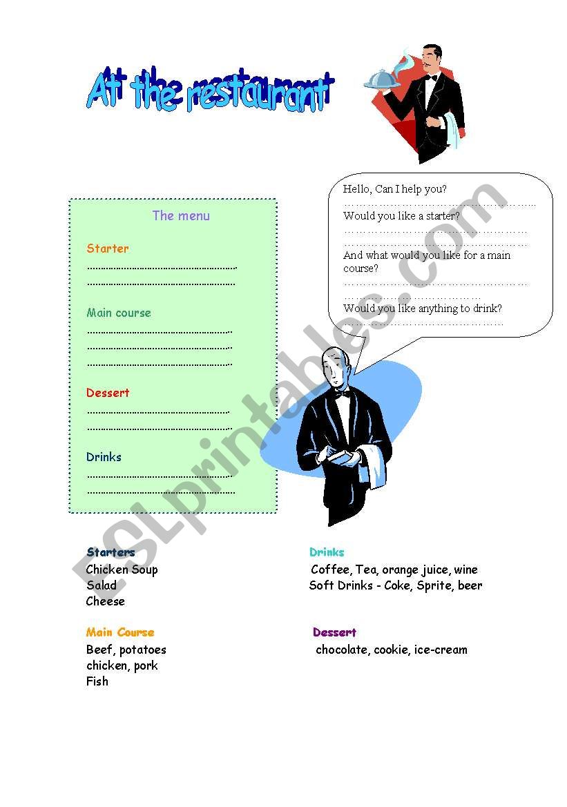 at the restaurant worksheet
