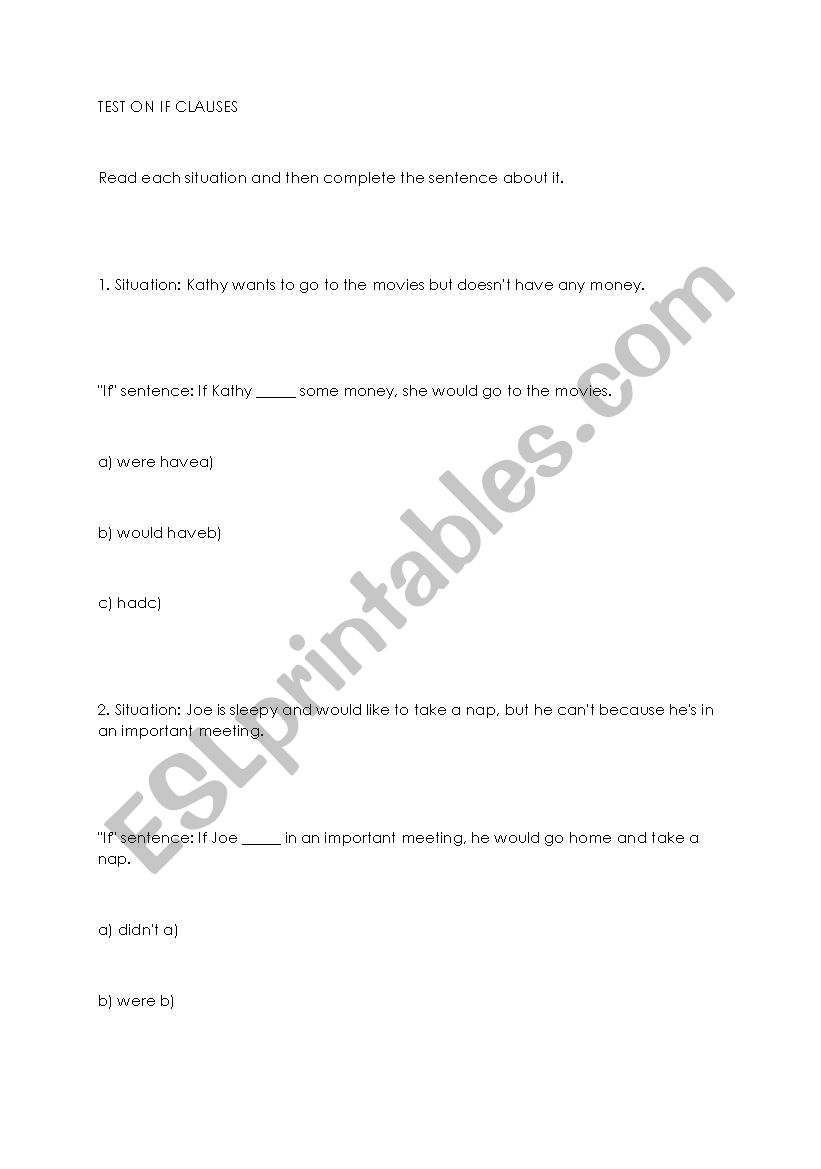 conditionals test worksheet