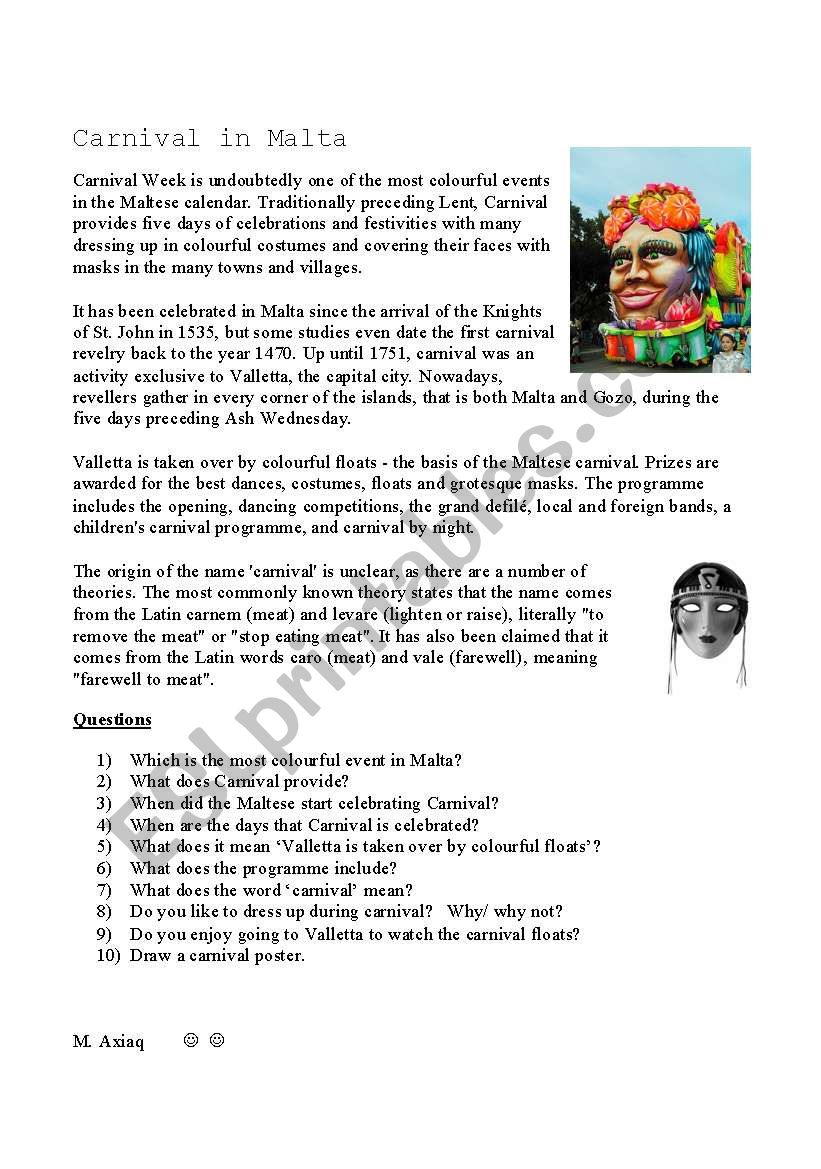 Carnival in Malta worksheet